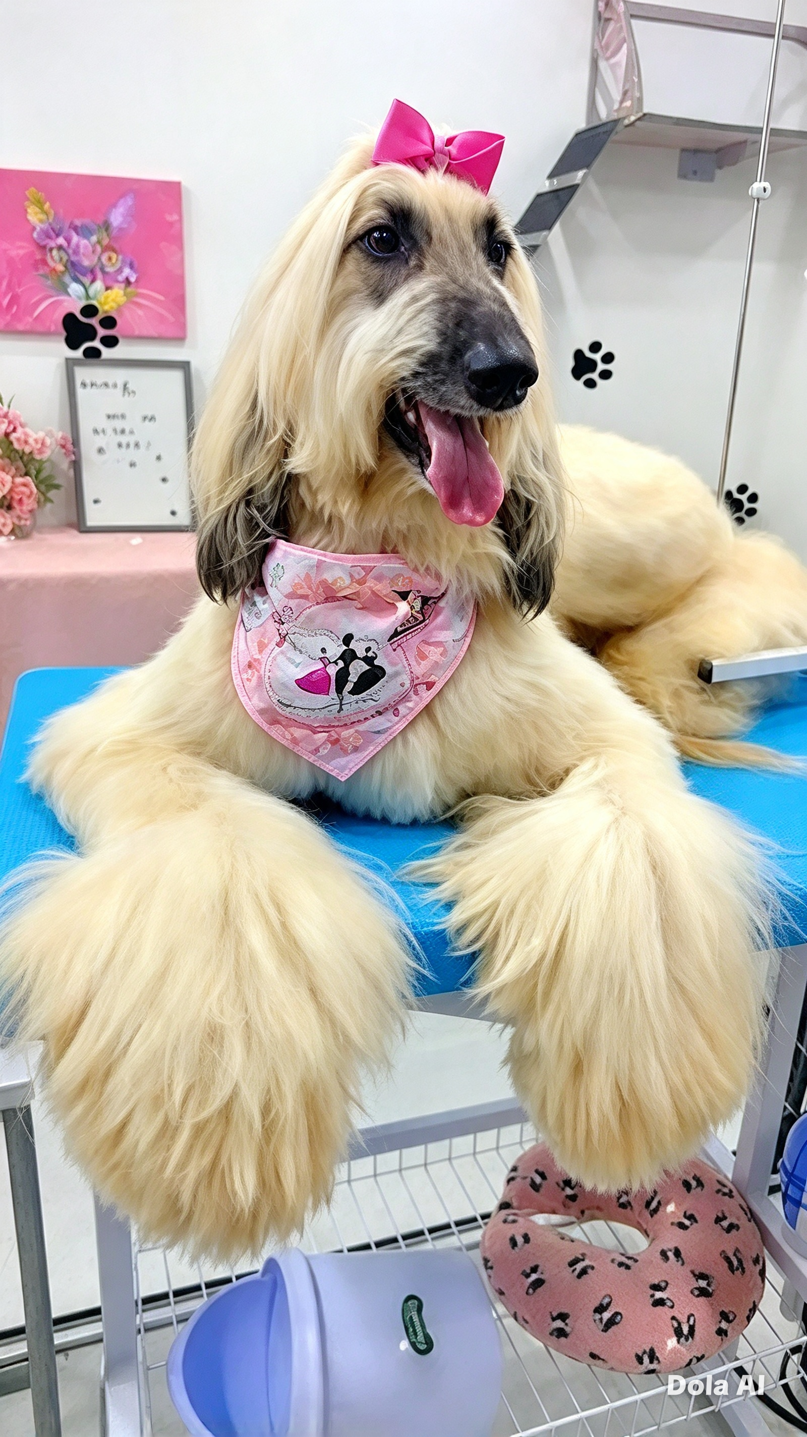 Galgo afegão de pelo longo e sedoso, com laço rosa e bandana, após o banho