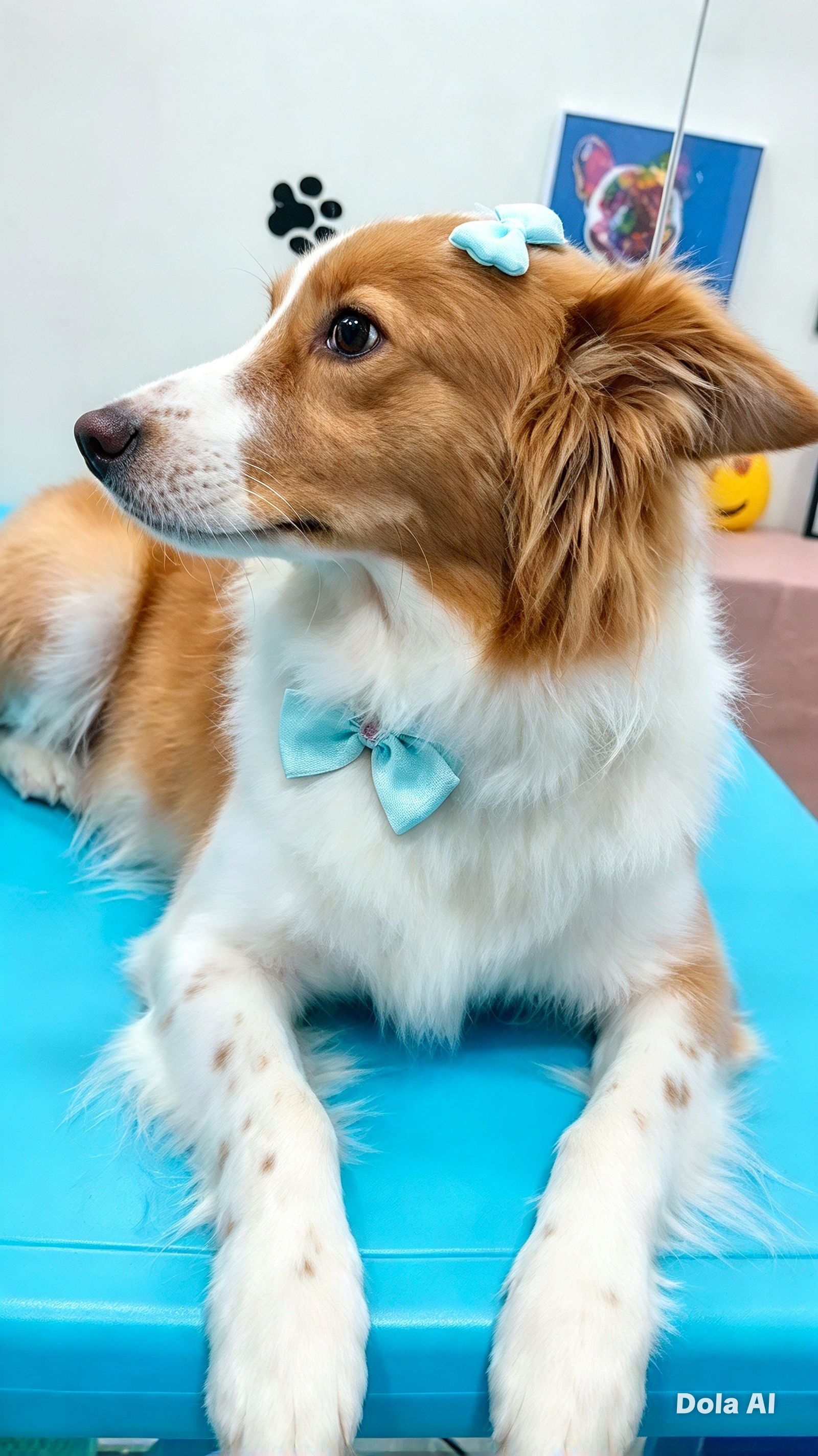 Cão de pelo caramelo e branco, com lacinhos azuis, deitado na mesa de banho depois de ficar pronto