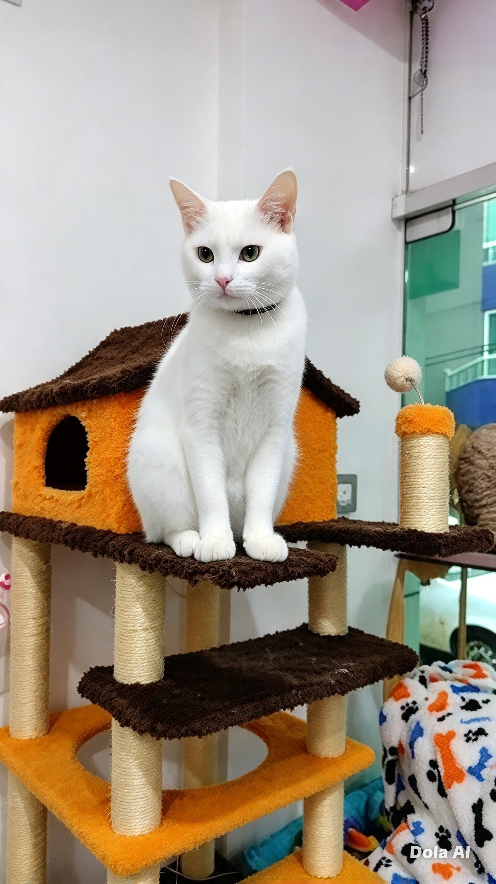 Gato branco sentado no alto de um arranhador de pelúcia laranja e marrom na loja