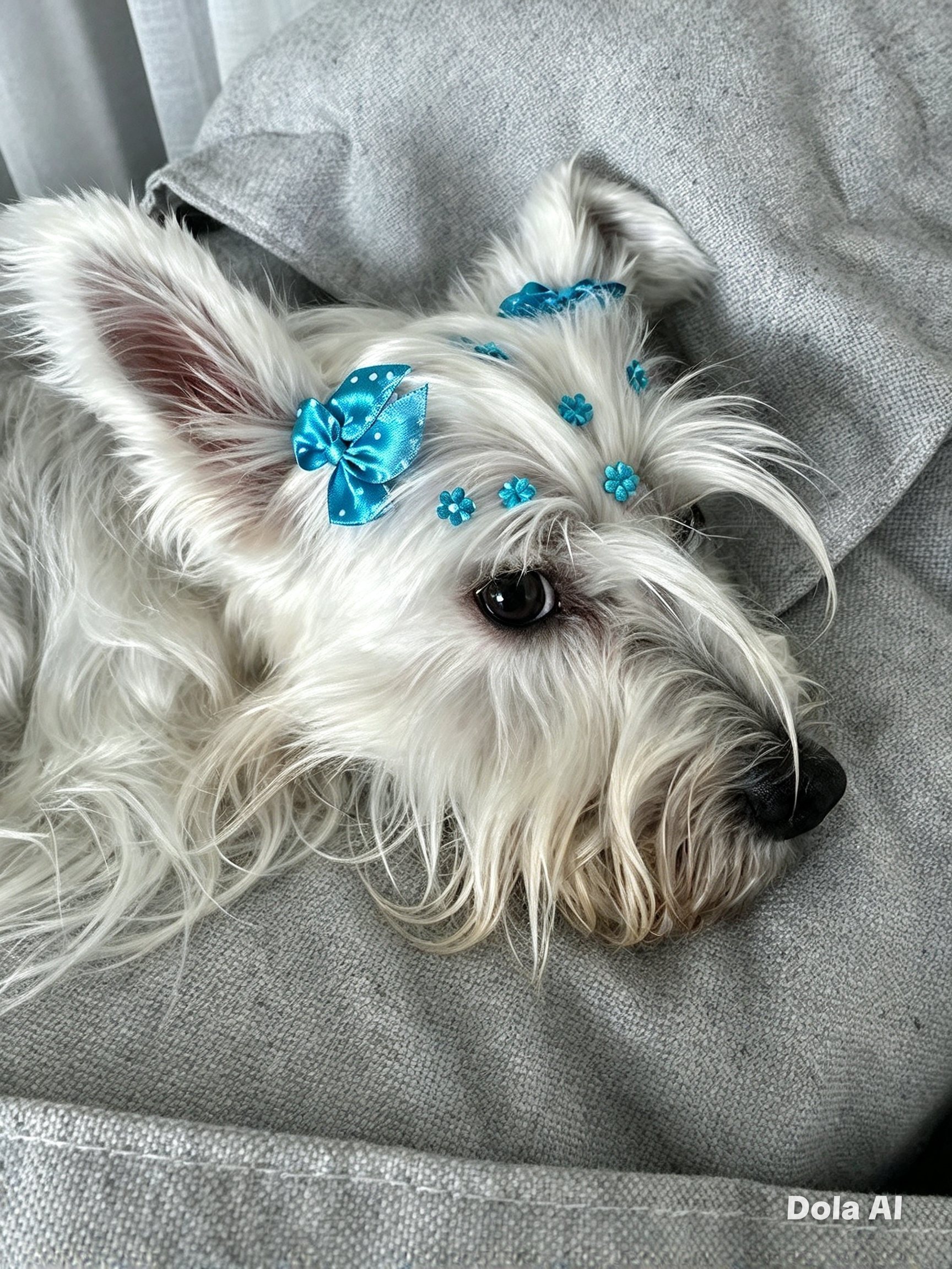 Cãozinho branco de pelo longo, com laços e florzinhas azuis, descansando no sofá depois do banho